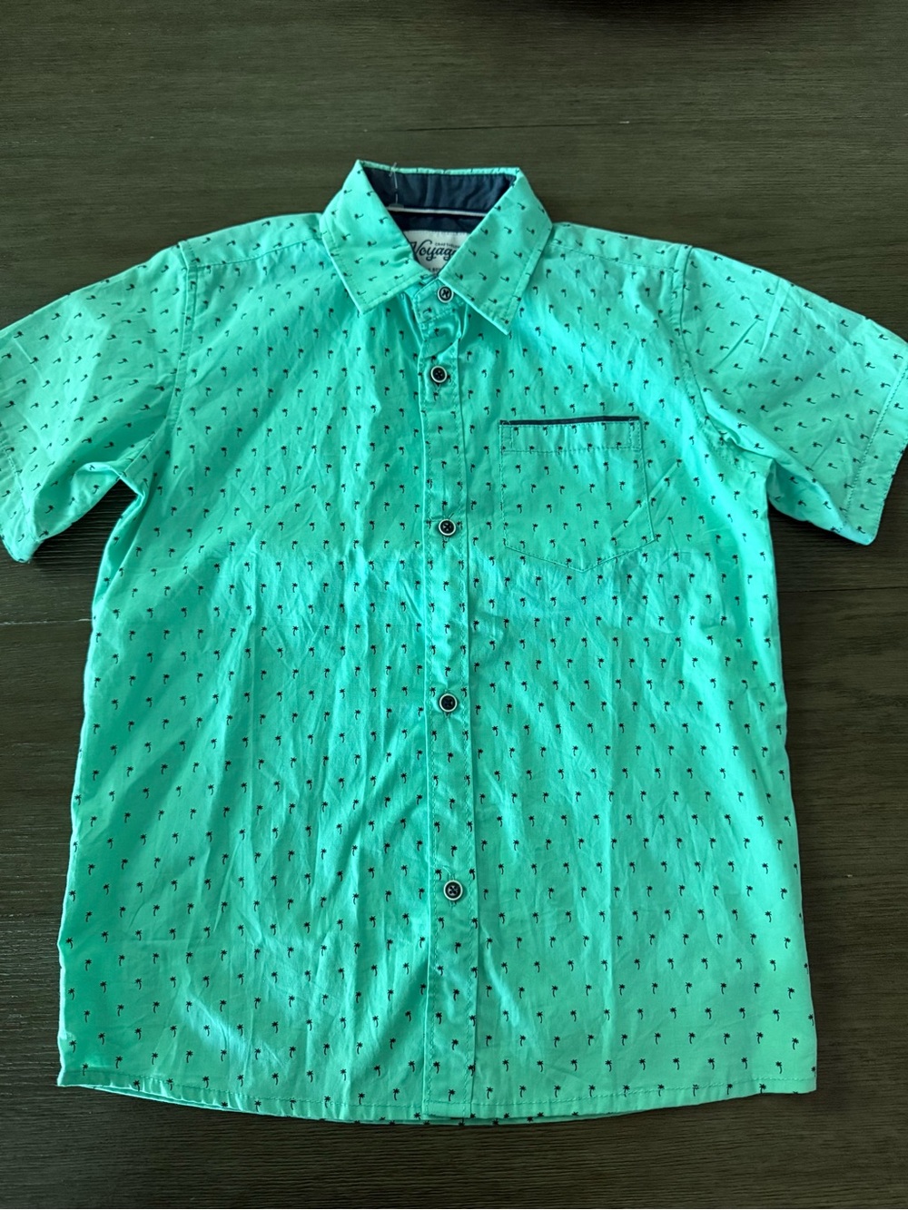 Boy’s Short Sleeve Button-Up Shirt in Teal with Palm Print size XL 7